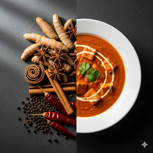 Raw whole spices and a finished bowl of Paneer Butter Masala representing the Tenchi Spices philosophy.